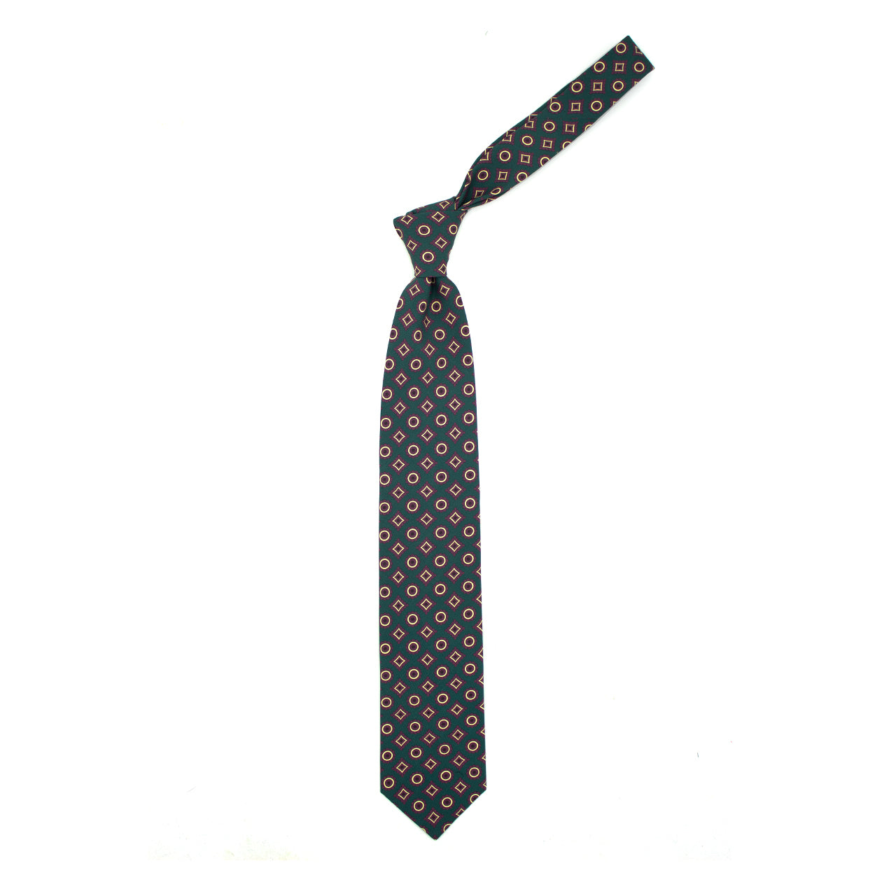 Green tie with burgundy and cream geometric pattern
