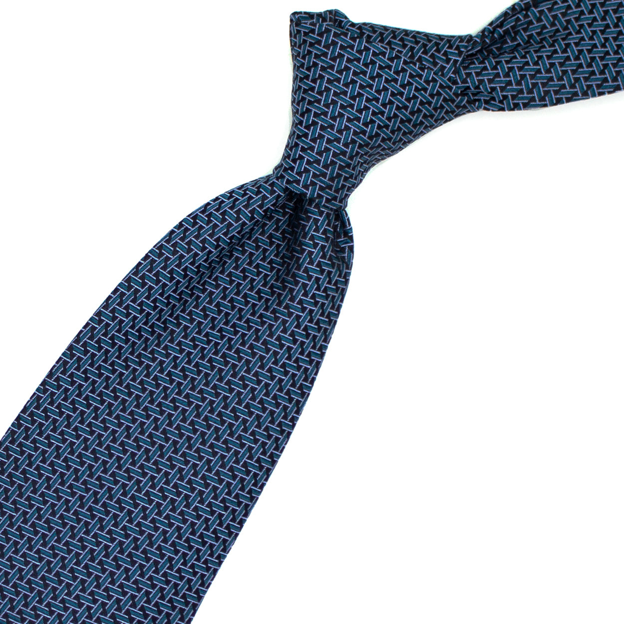 Cravatta nera con pattern geometrico petrolio e bianco