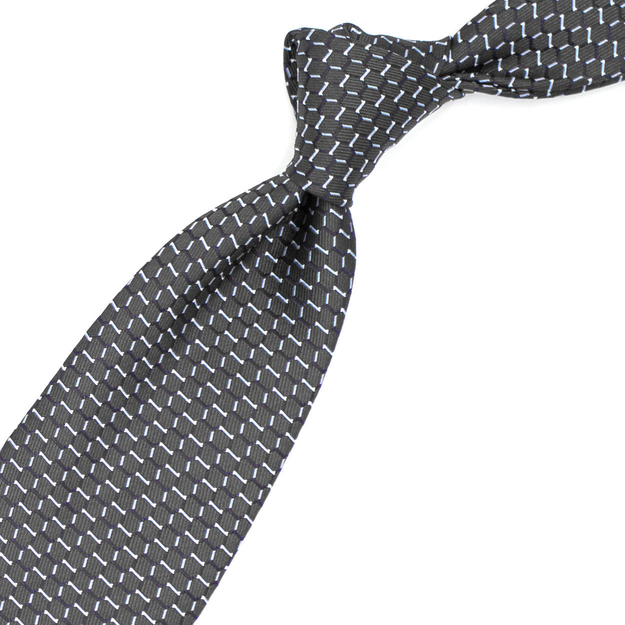 Cravatta grigia con pattern geometrico blu e azzurro