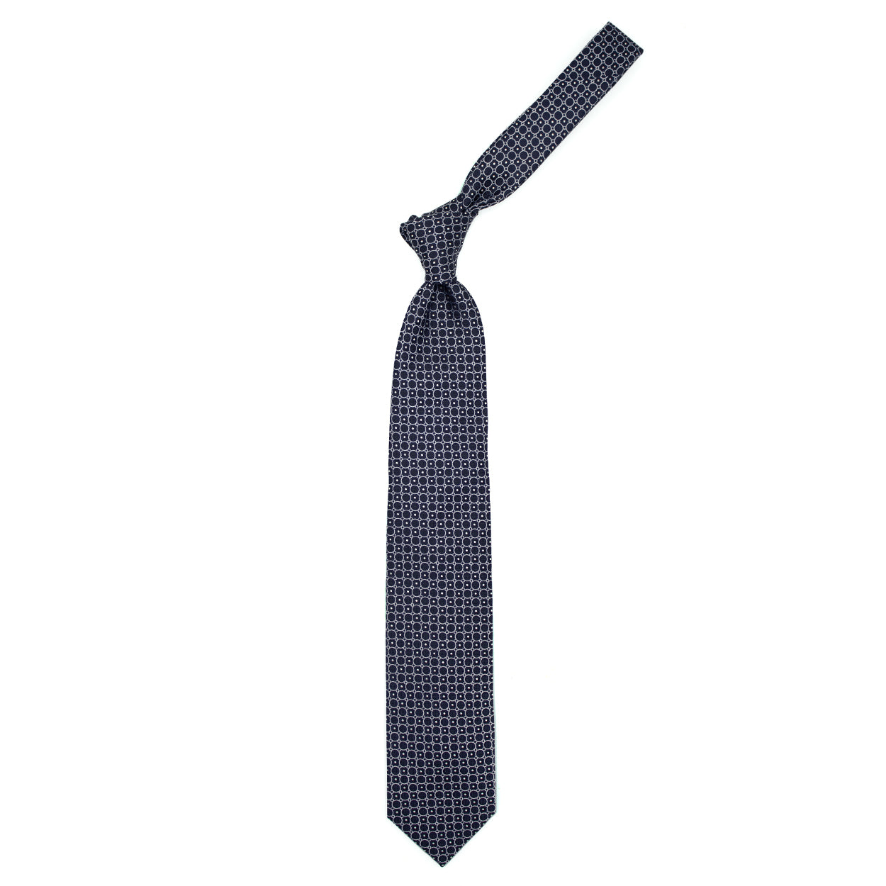 Cravatta blu con cerchi e pallini bianchi
