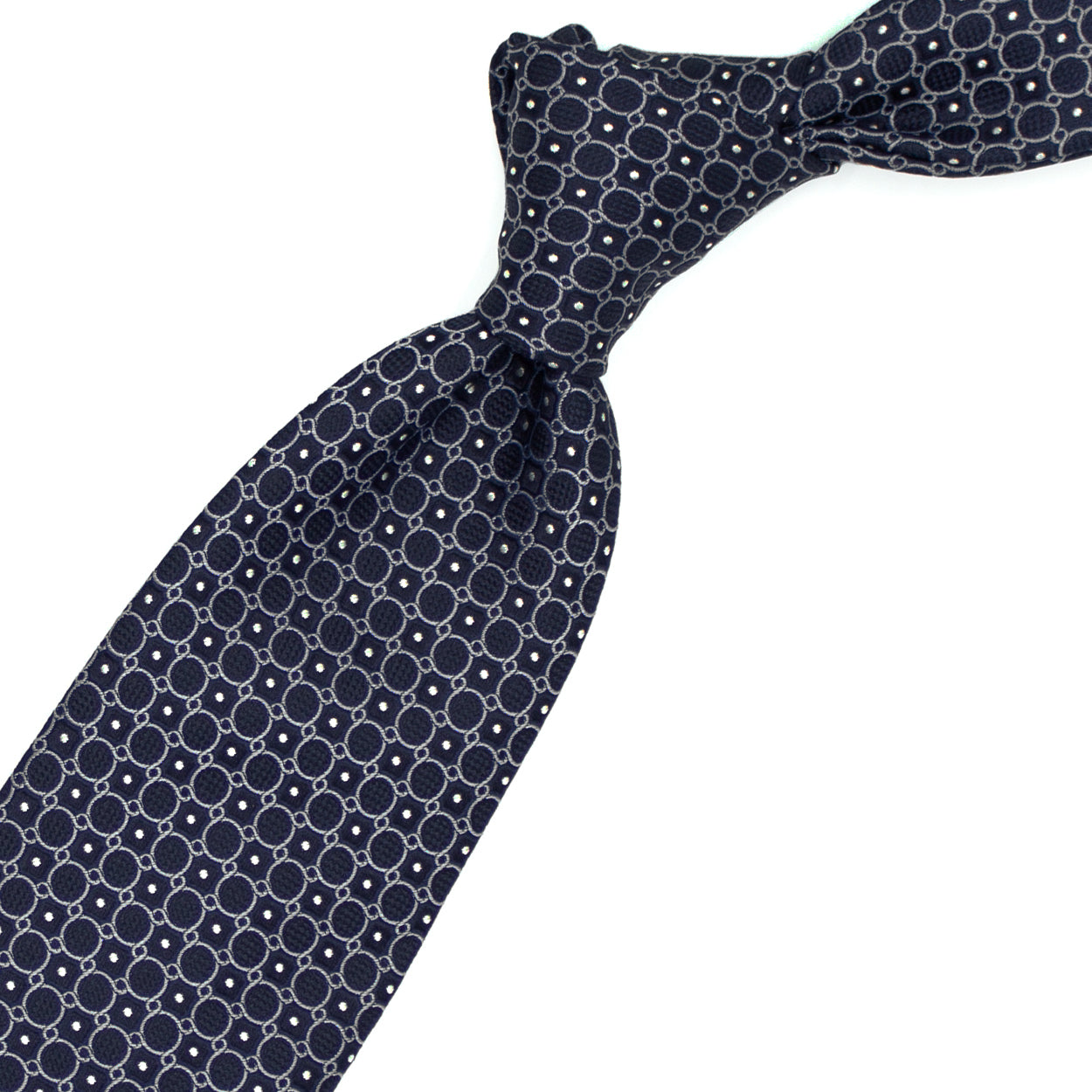 Cravatta blu con cerchi grigi e pallini bianchi