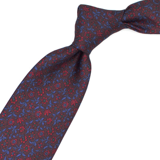 Cravatta bordeaux con fiorellini rossi e azzurri