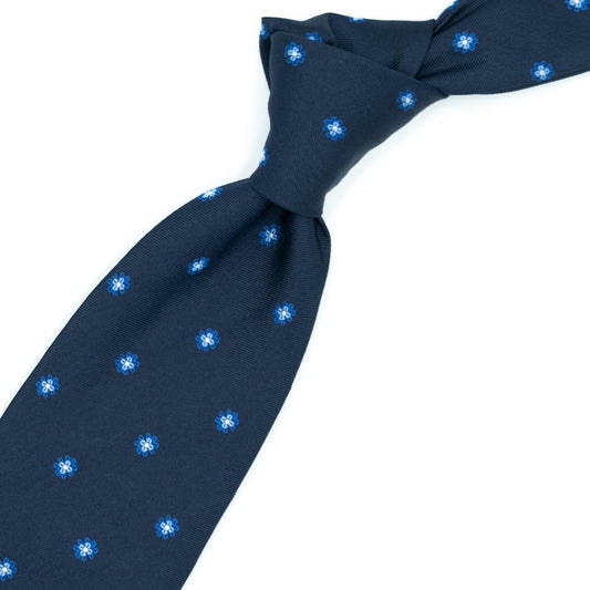 Cravatta blu con fiori azzurri e bluette, e puntini bianchi