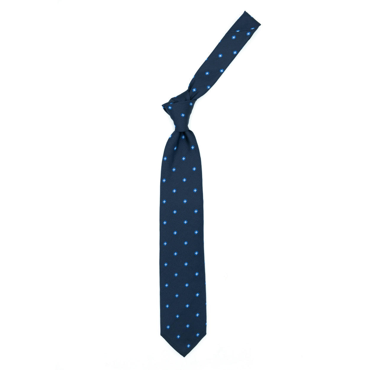 Cravatta blu con fiori azzurri e bluette, e puntini bianchi