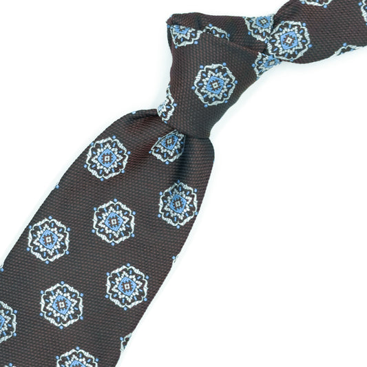 Cravatta marrone con medaglioni bianchi e azzurri