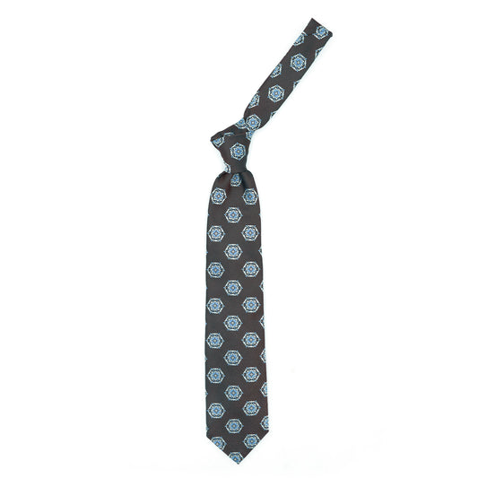 Cravatta marrone con medaglioni bianchi e azzurri