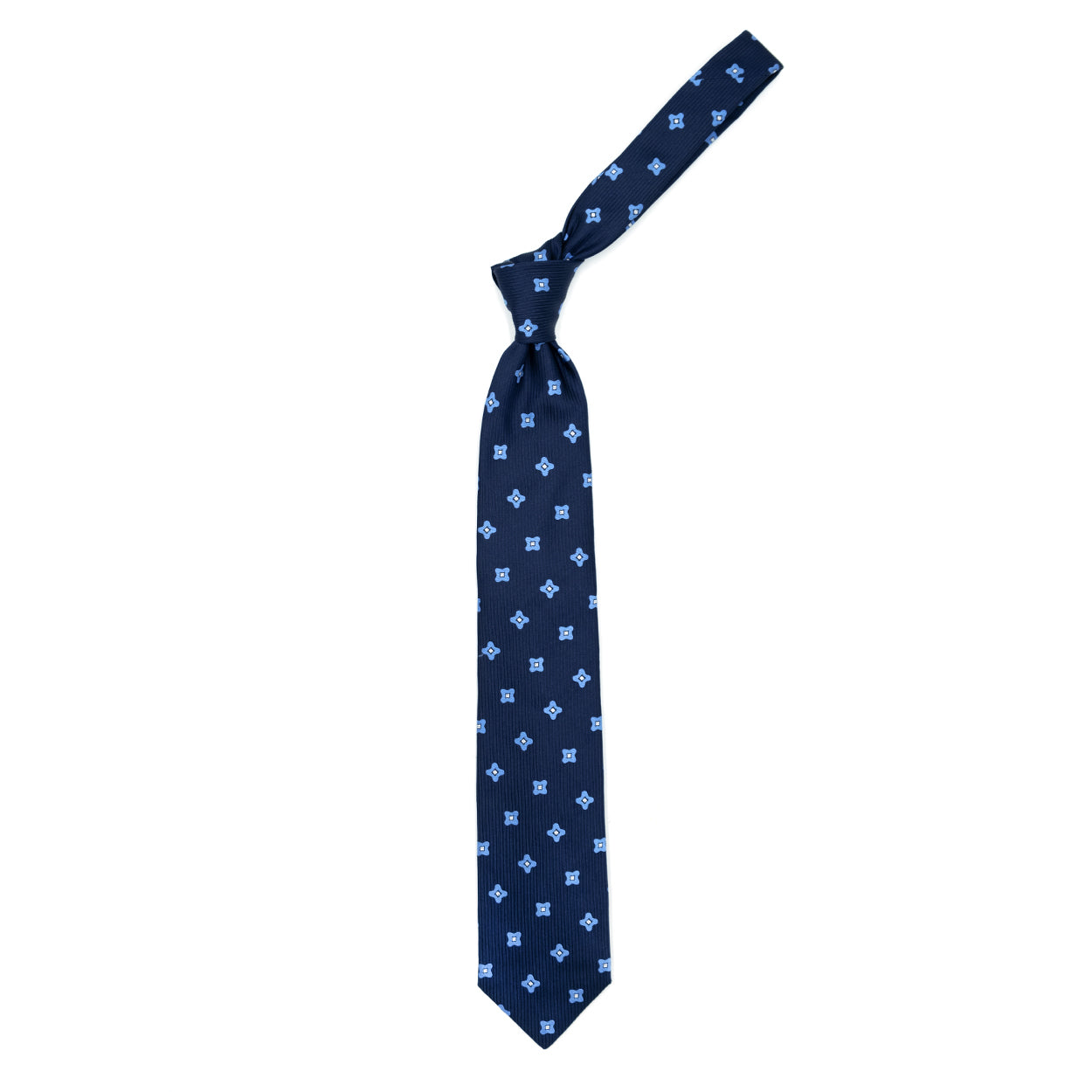 Cravatta blu con fiori azzurri e quadratini bianchi