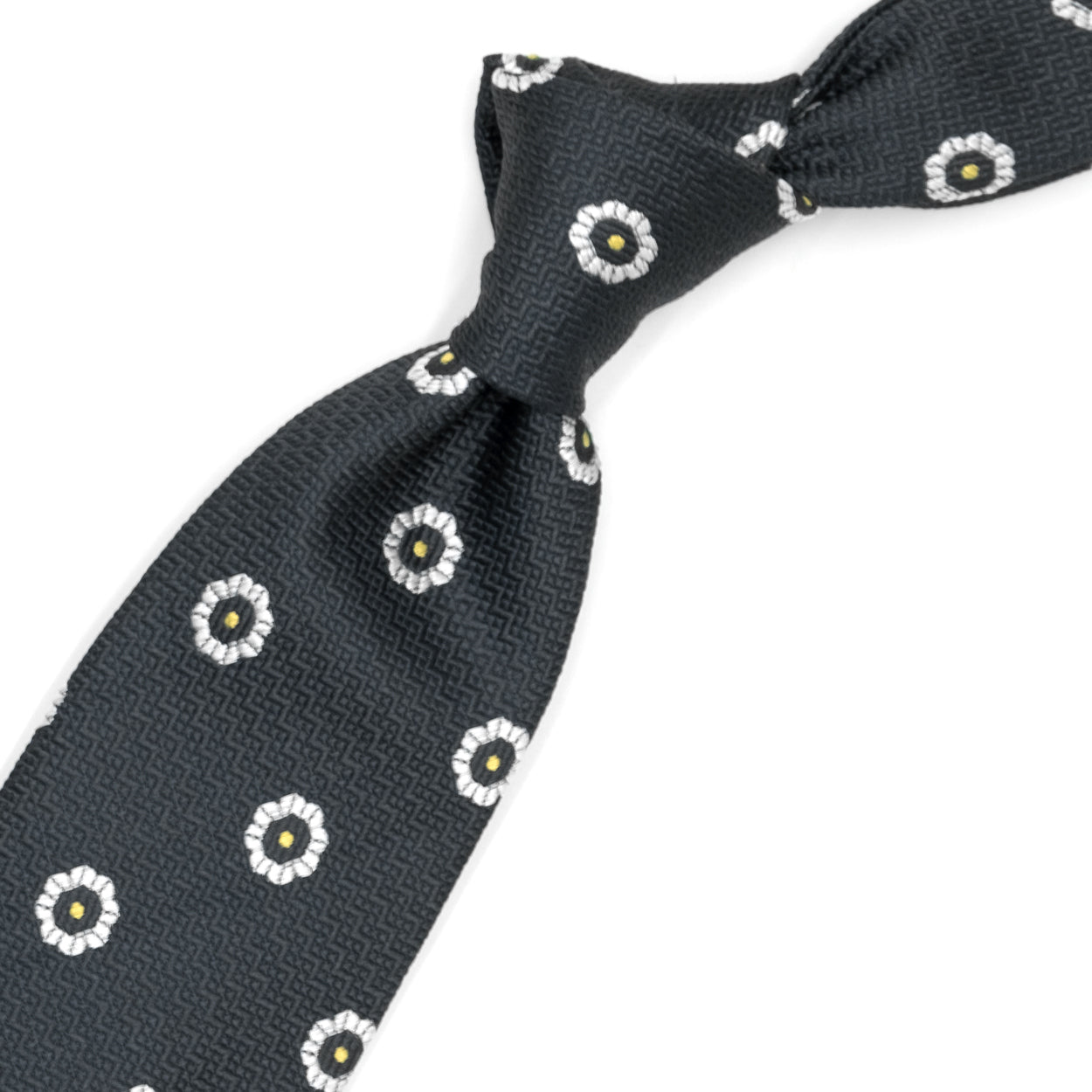 Cravatta grigia con fiori bianchi e puntini gialli