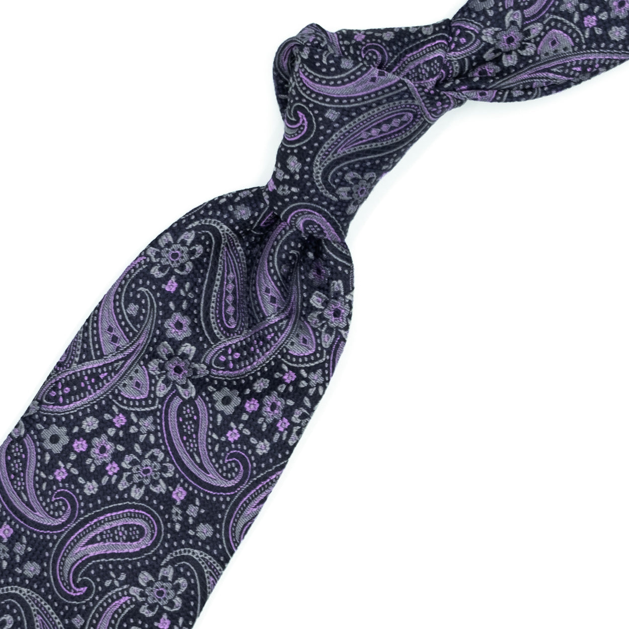 Cravatta blu con paisley e fiori viola e grigi