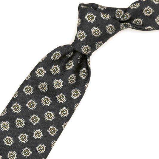 Cravatta grigia con medaglioni grigio chiaro e fiori gialli
