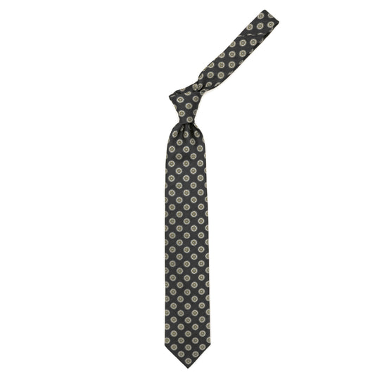 Cravatta grigia con medaglioni grigio chiaro e fiori gialli
