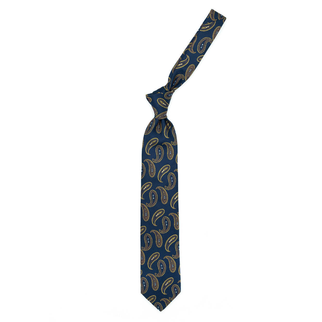Cravatta in pura seta blu con disegno Paisley verde Cravatta in pura seta blu con disegno Paisley verde