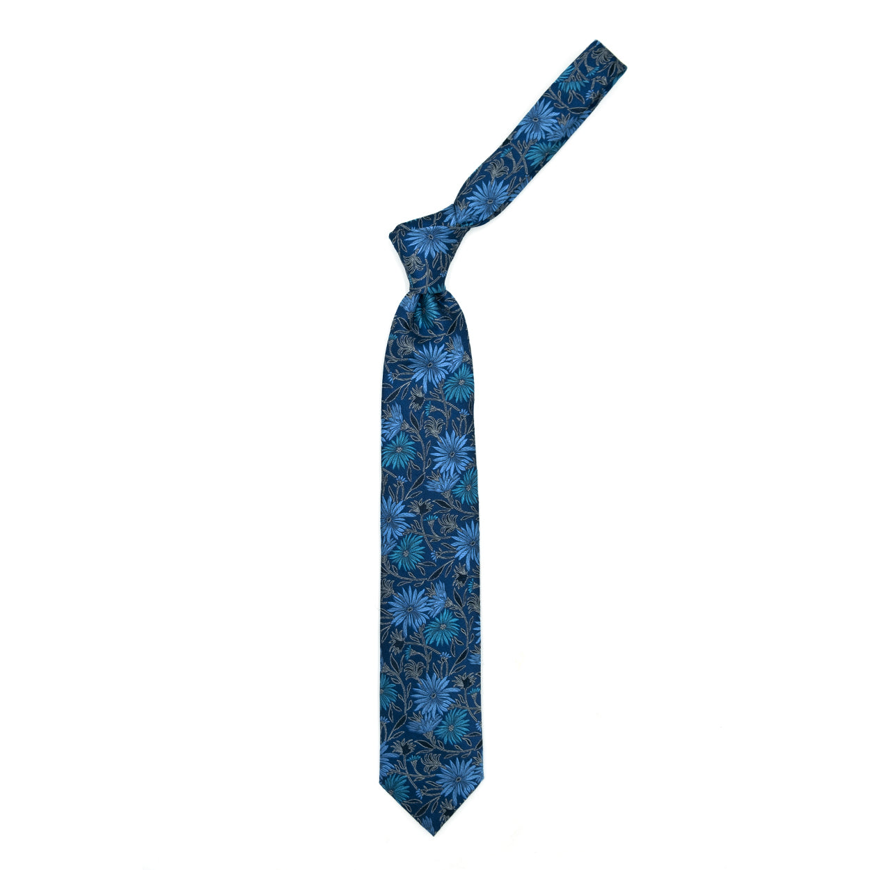 Cravatta blu con fantasia floreale azzurra e grigia