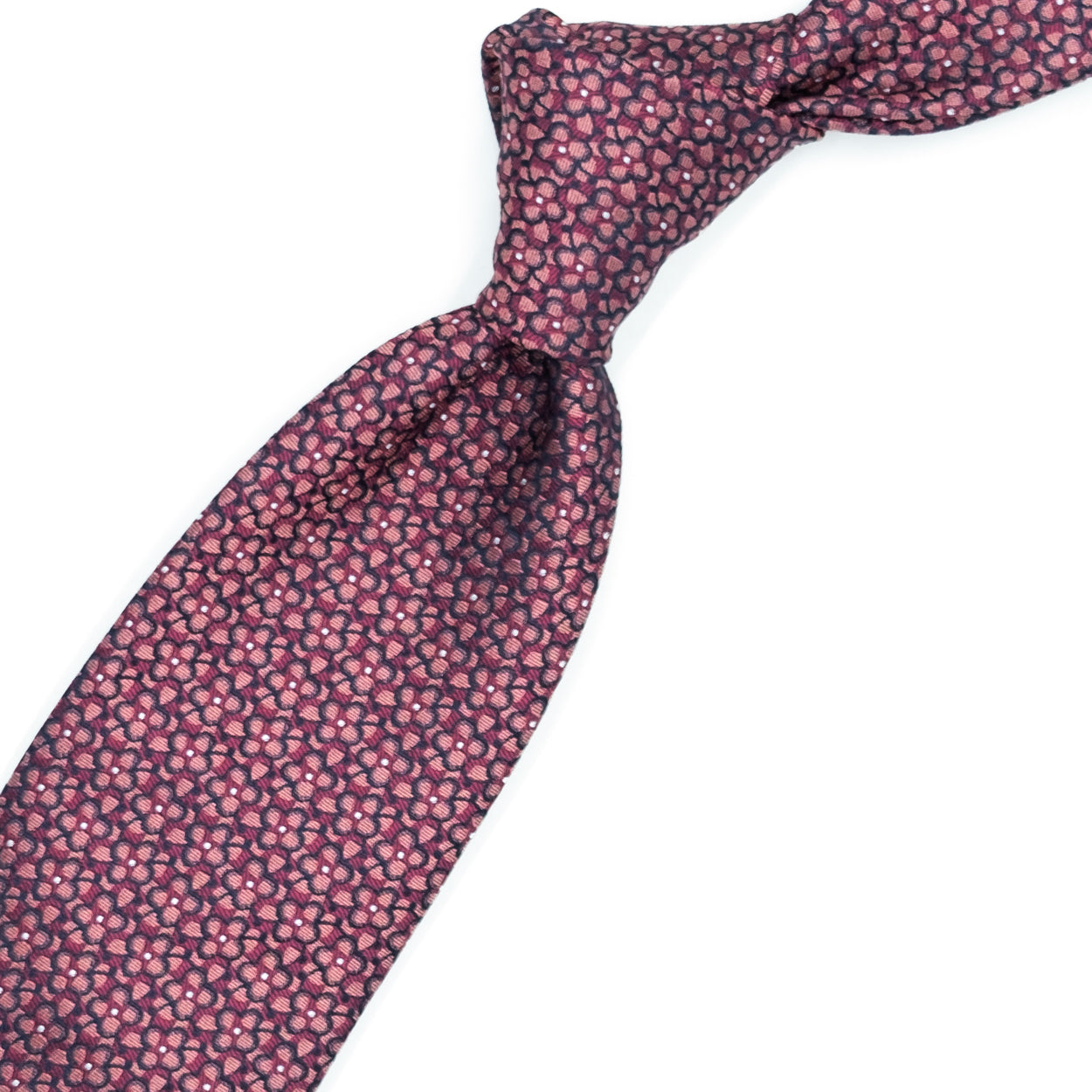 Cravatta rosa con fiori tono su tono e puntini bianchi