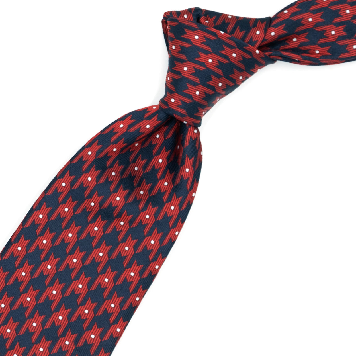 Cravatta blu con pattern astratto rosso e puntini grigi