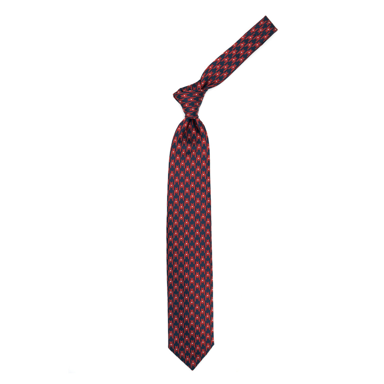 Cravatta blu con pattern astratto rosso e puntini grigi