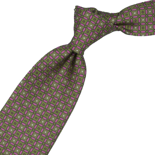 Cravatta verde con pattern geometrico rosa