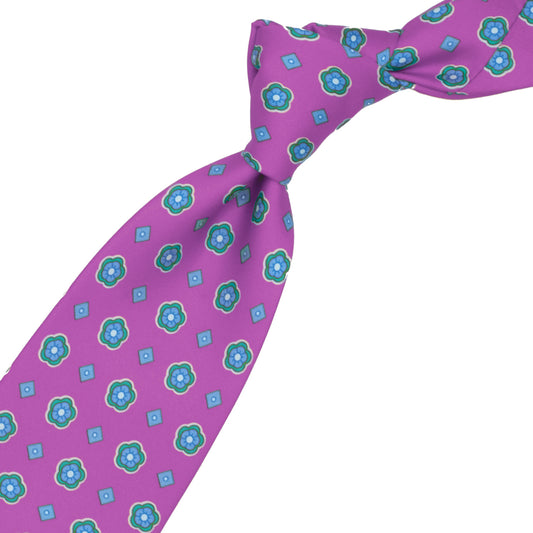 Cravatta fuxia con fiori lilla e verde acqua e quadratini lilla