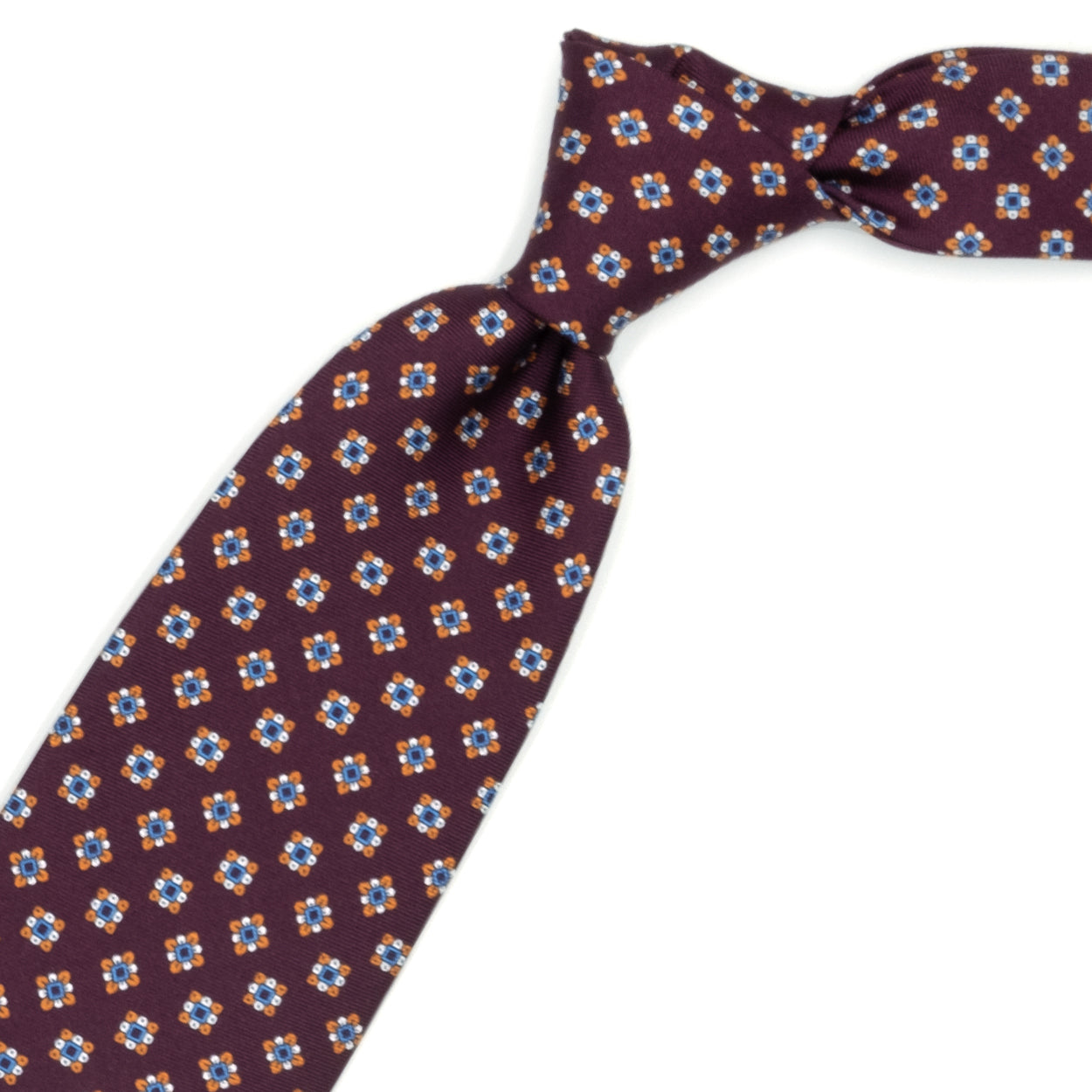 Cravatta bordeaux con pattern azzurro, arancione e bianco