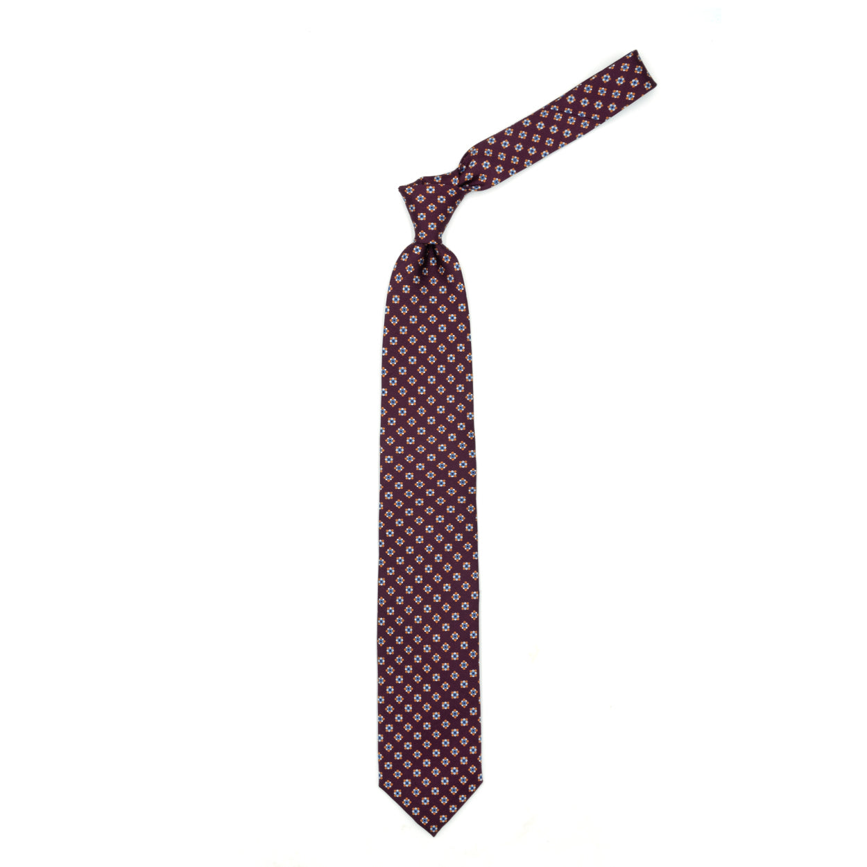 Cravatta bordeaux con pattern azzurro, arancione e bianco