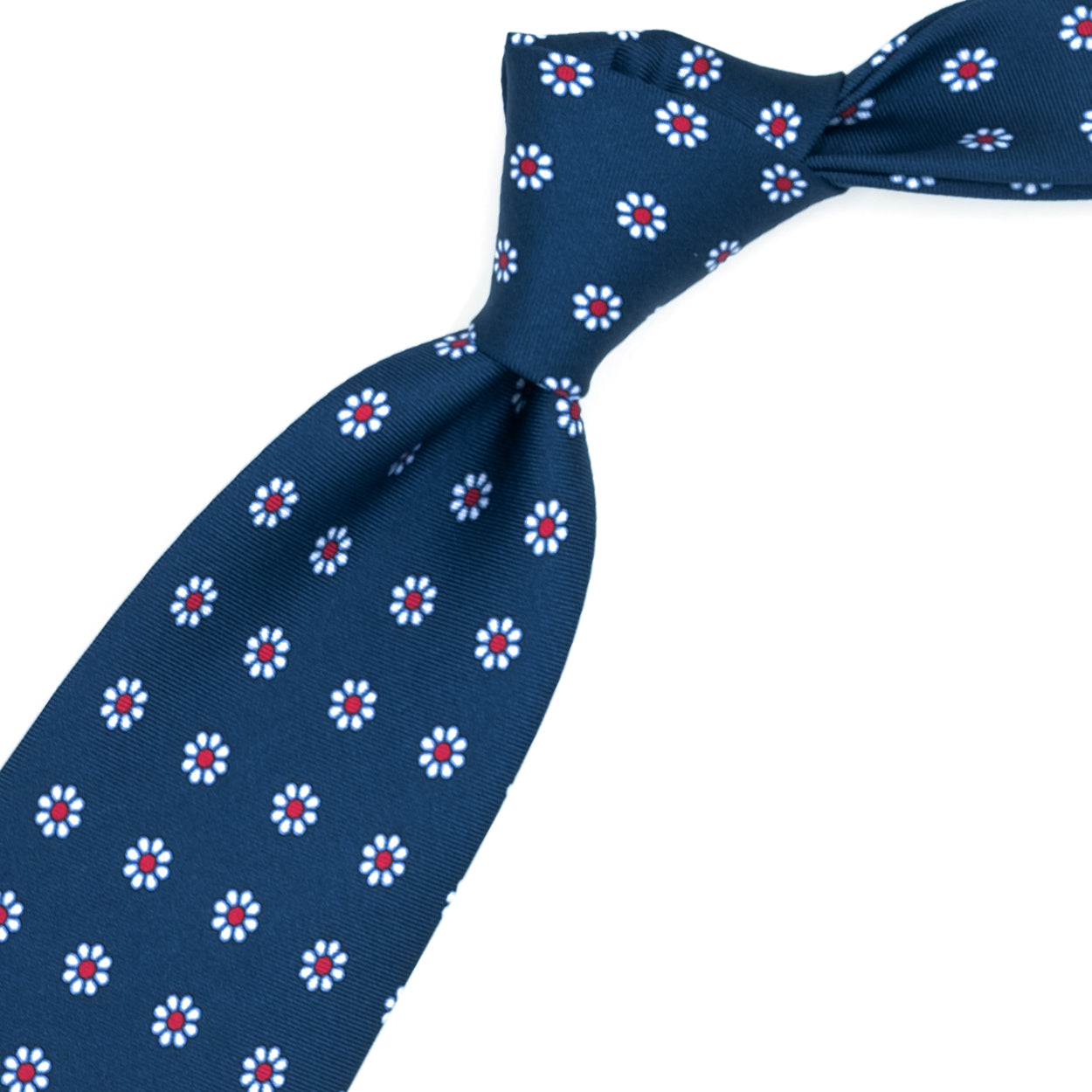 Cravatta blu con fiori bianchi e pallini rossi