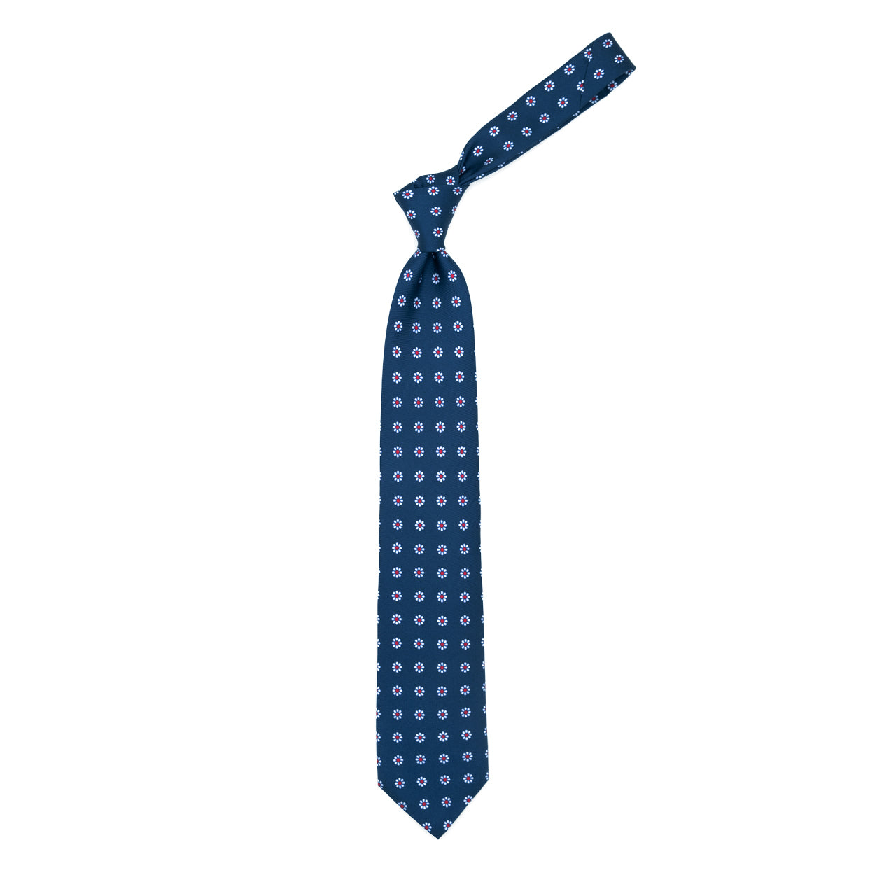 Cravatta blu con fiori bianchi e pallini rossi