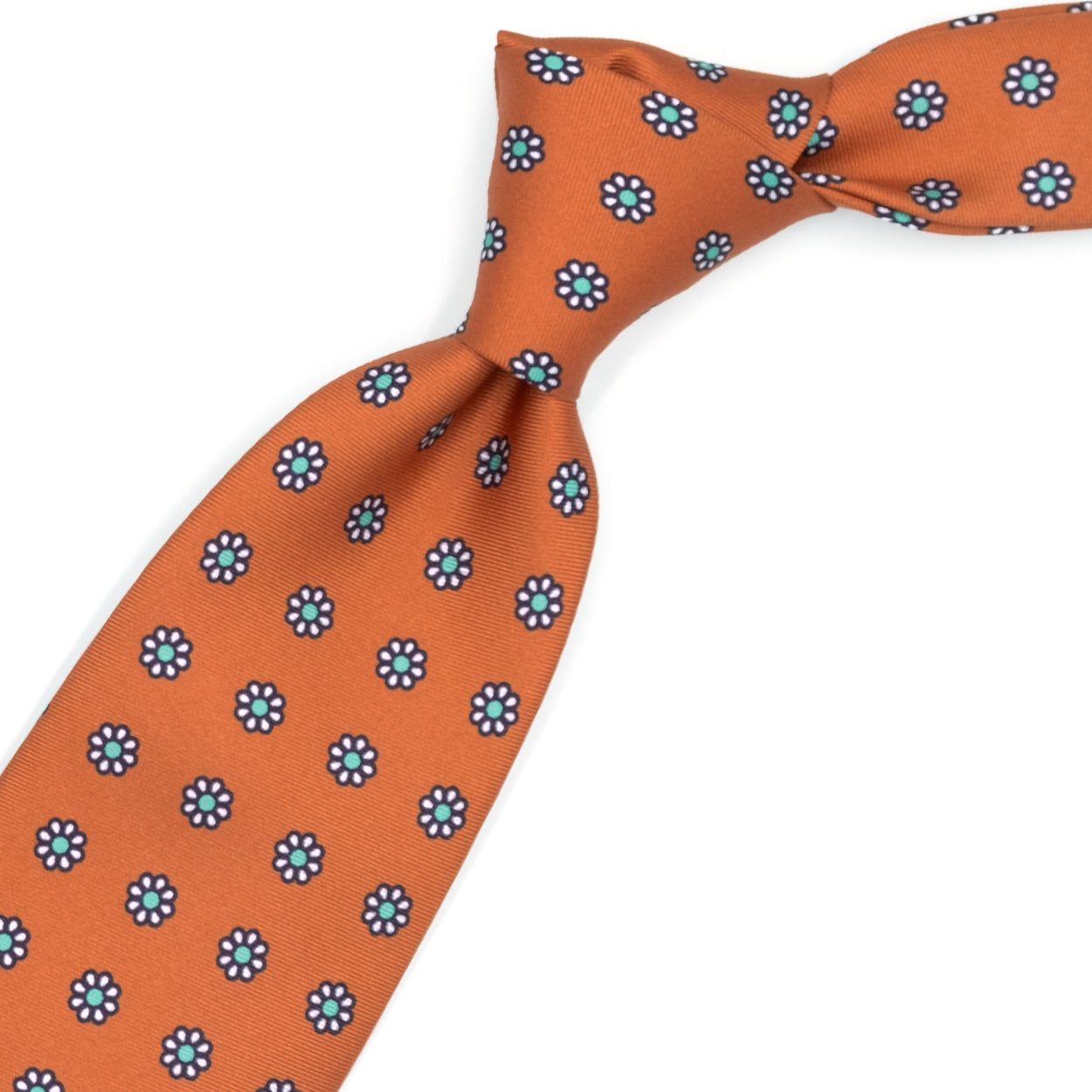 Cravatta arancione con fiori bianchi e pallini verde acqua
