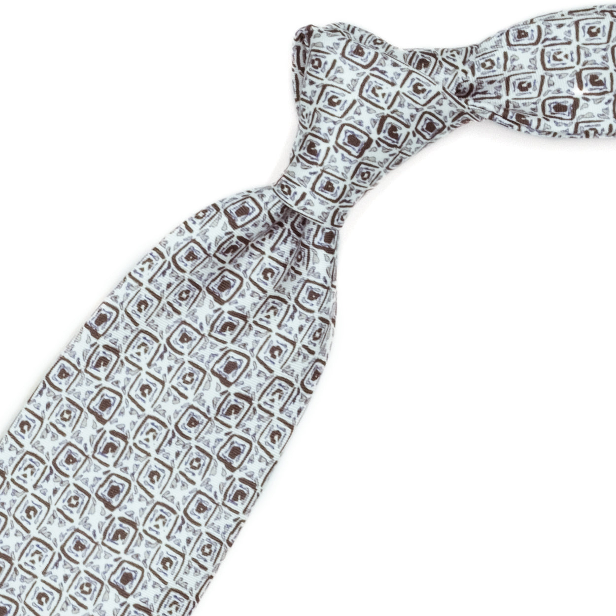 Cravatta bianca con pattern astratto beige e marrone