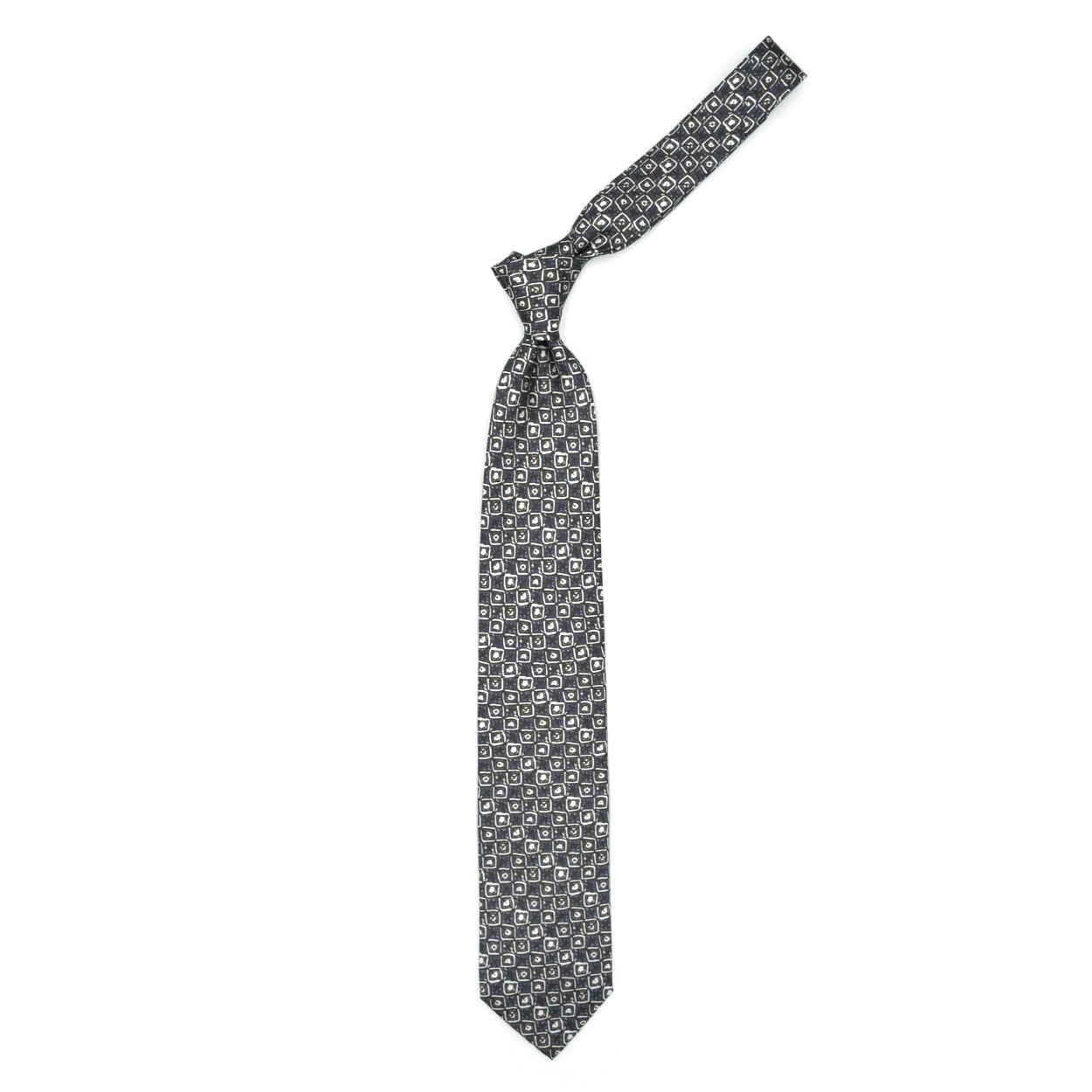 Cravatta marrone con pattern astratto bianco e blu
