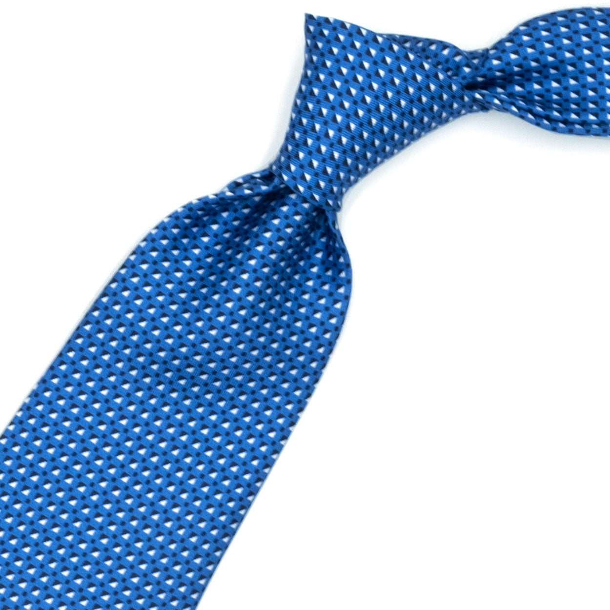 Cravatta azzurra con pattern geometrico blu e bianco