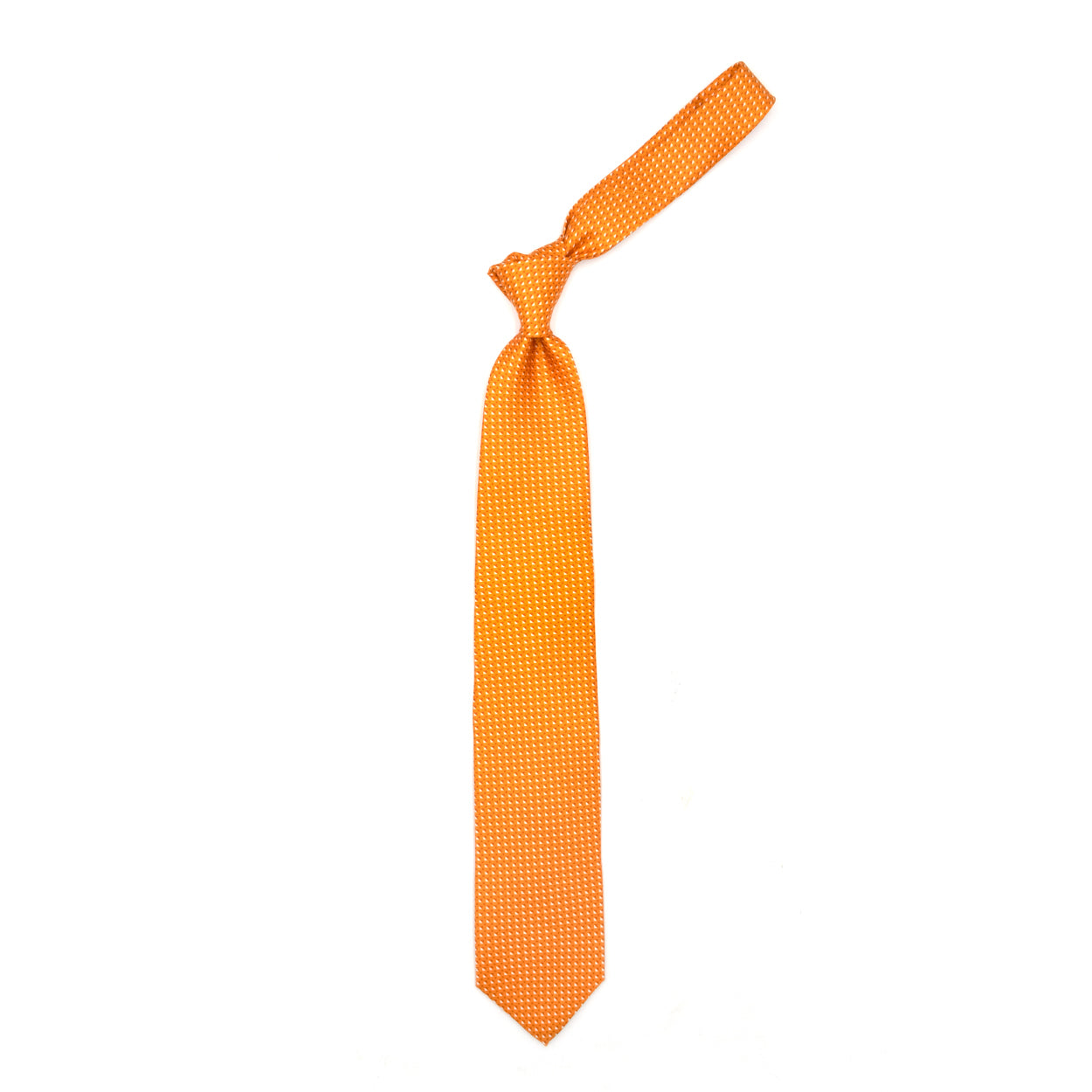 Cravatta arancione con pattern geometrico bianco e rosso