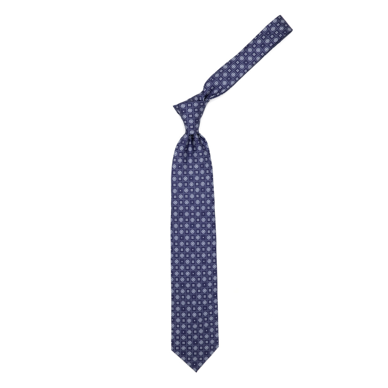 Cravatta blu con fiorellini, quadratini e puntini bianchi