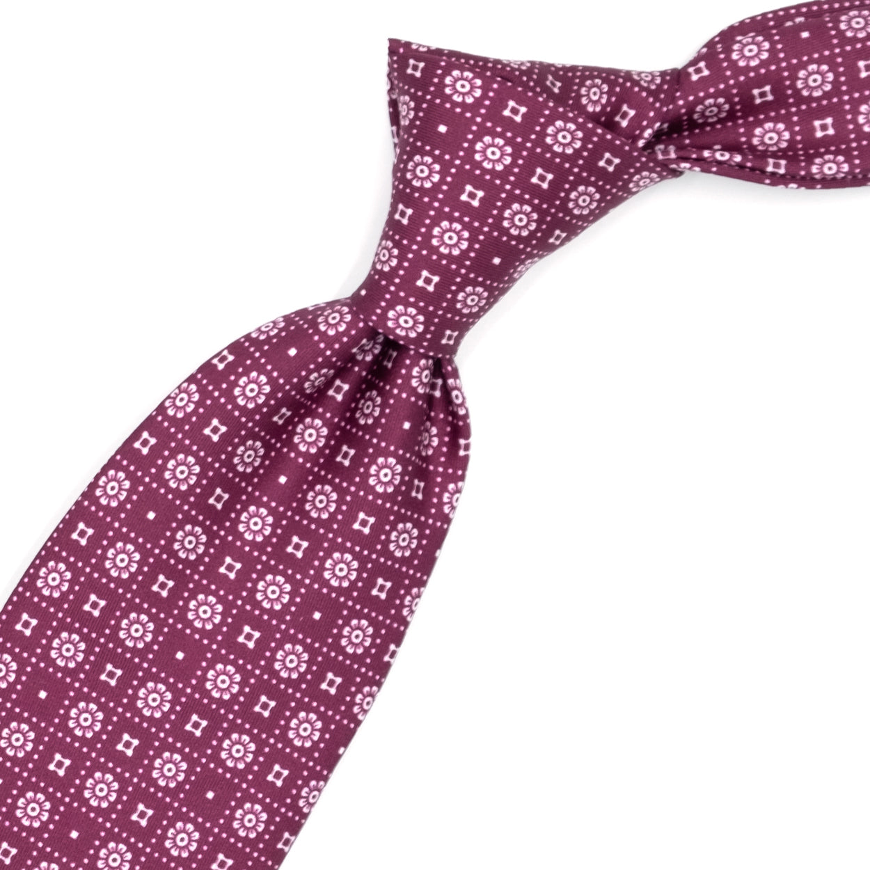 Cravatta rossa con fiorellini, quadratini e puntini bianchi