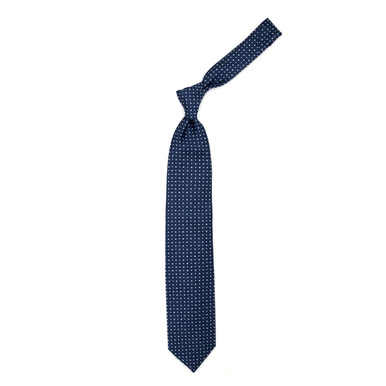 Cravatta blu con cuoricini e quadratini bianchi