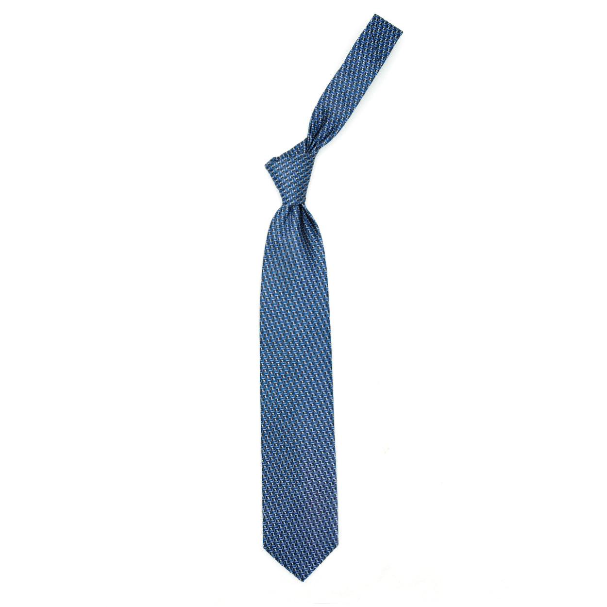 Cravatta azzurra con pattern geometrico blu, azzurro e bianco