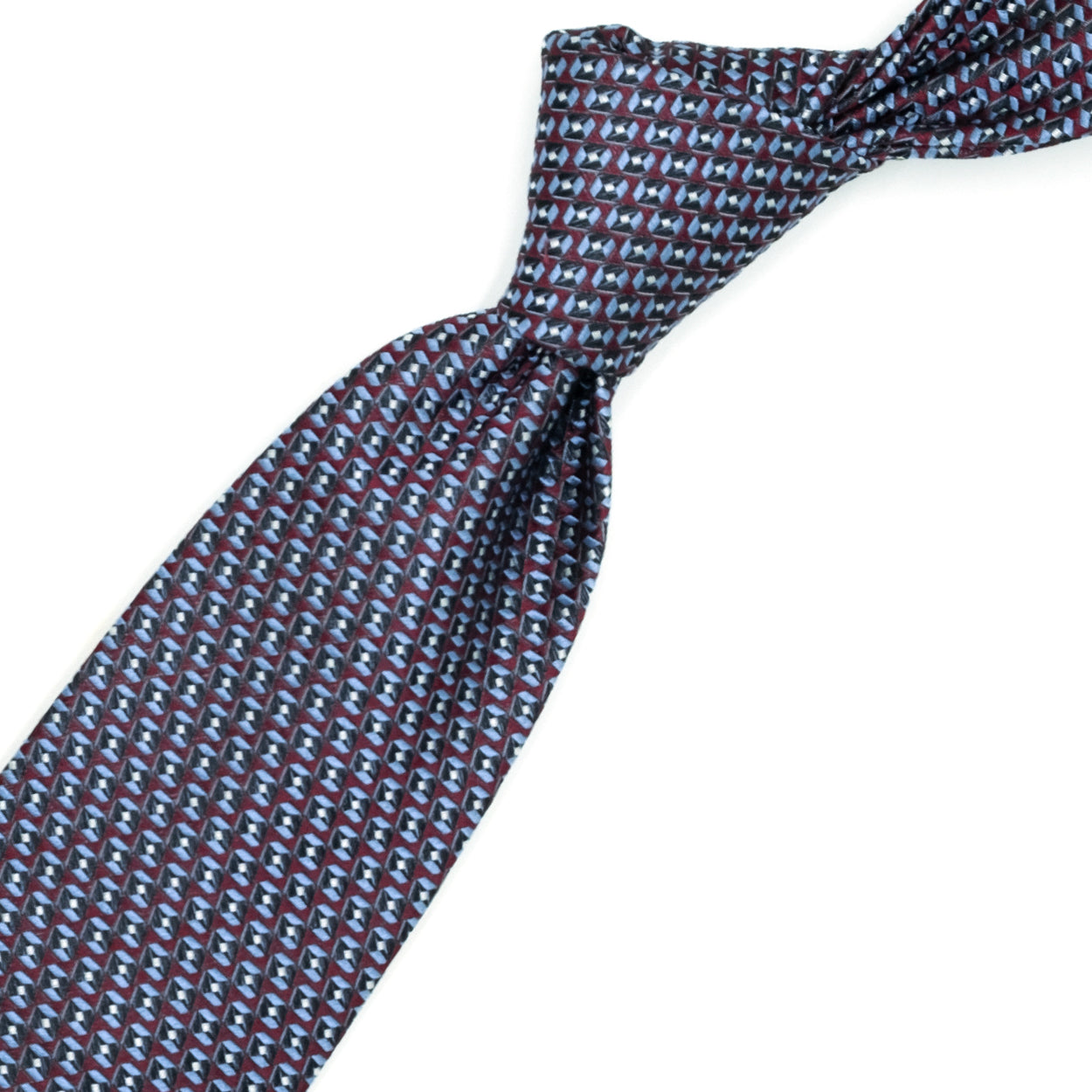 Cravatta bordeaux con pattern geometrico blu, azzurro e bianco