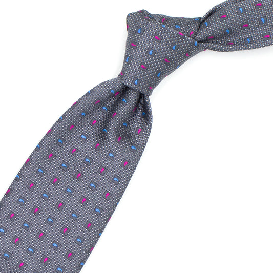 Cravatta grigia con pattern paisley fuxia e azzurri