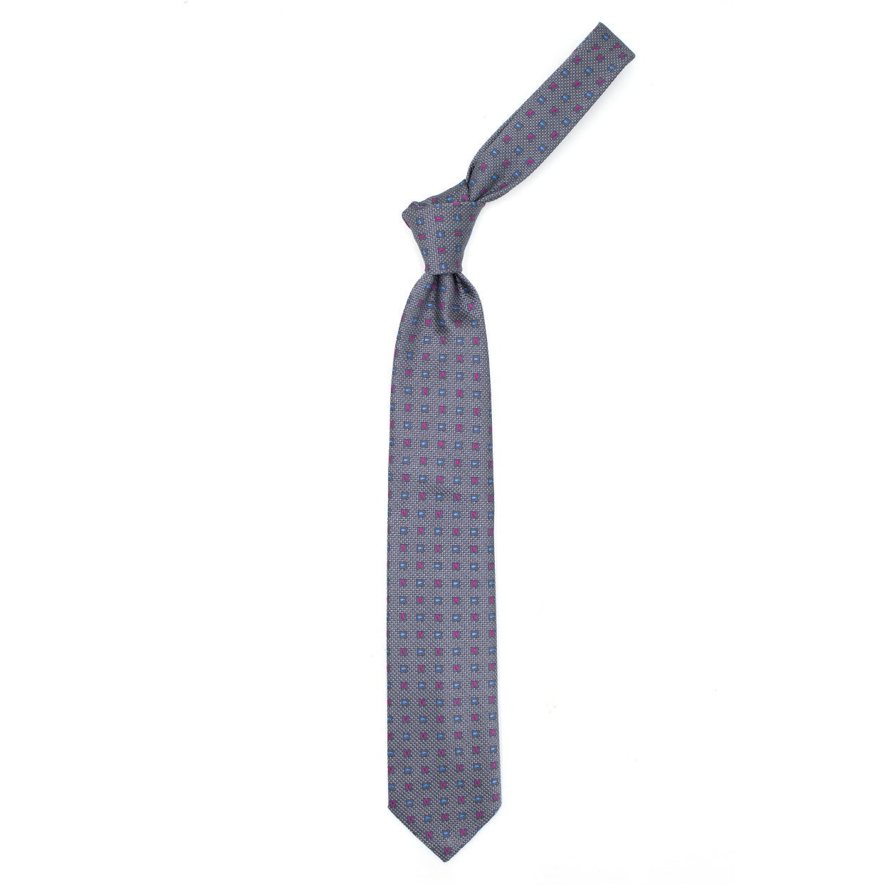 Cravatta grigia con pattern paisley fuxia e azzurri