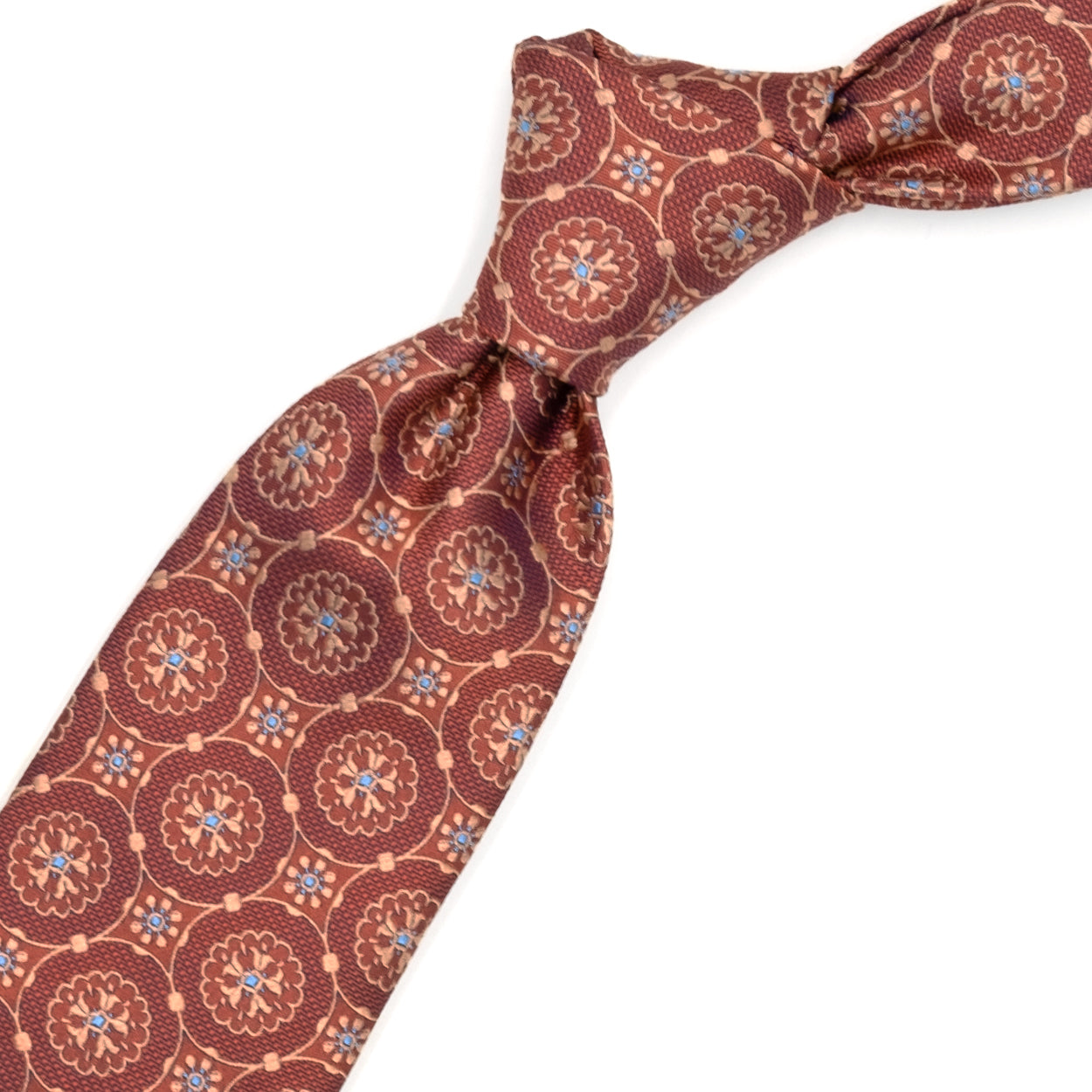 Cravatta arancione con medaglioni tono su tono e puntini azzurri