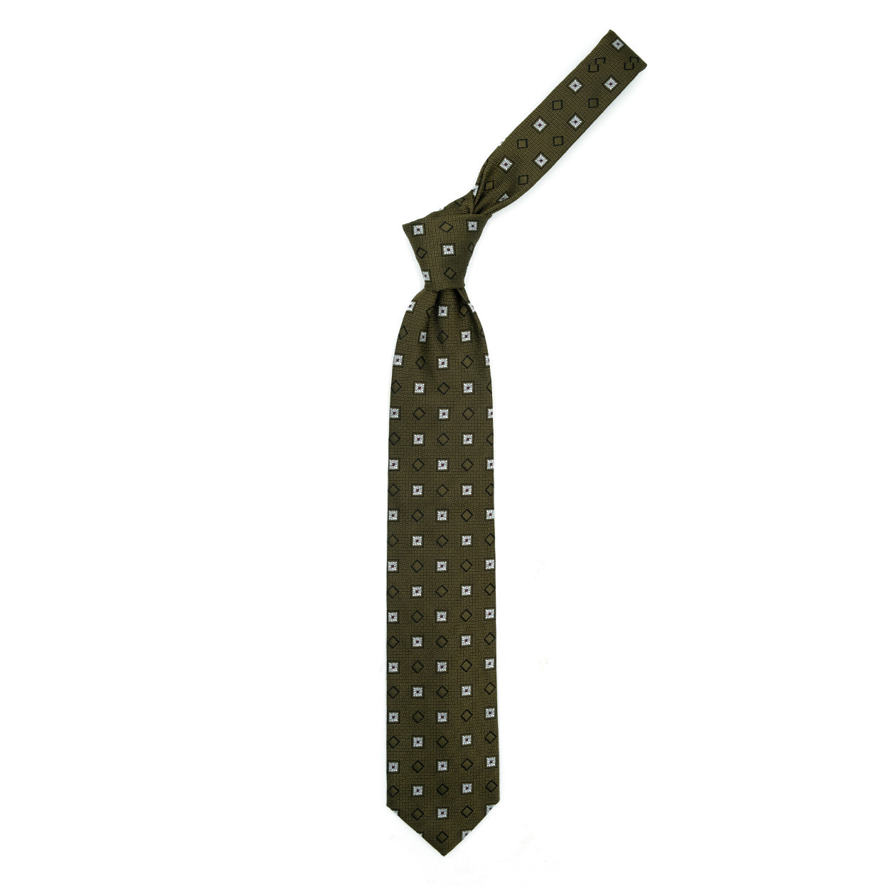 Cravatta marrone con fiorellini bianchi e quadratini tono su tono