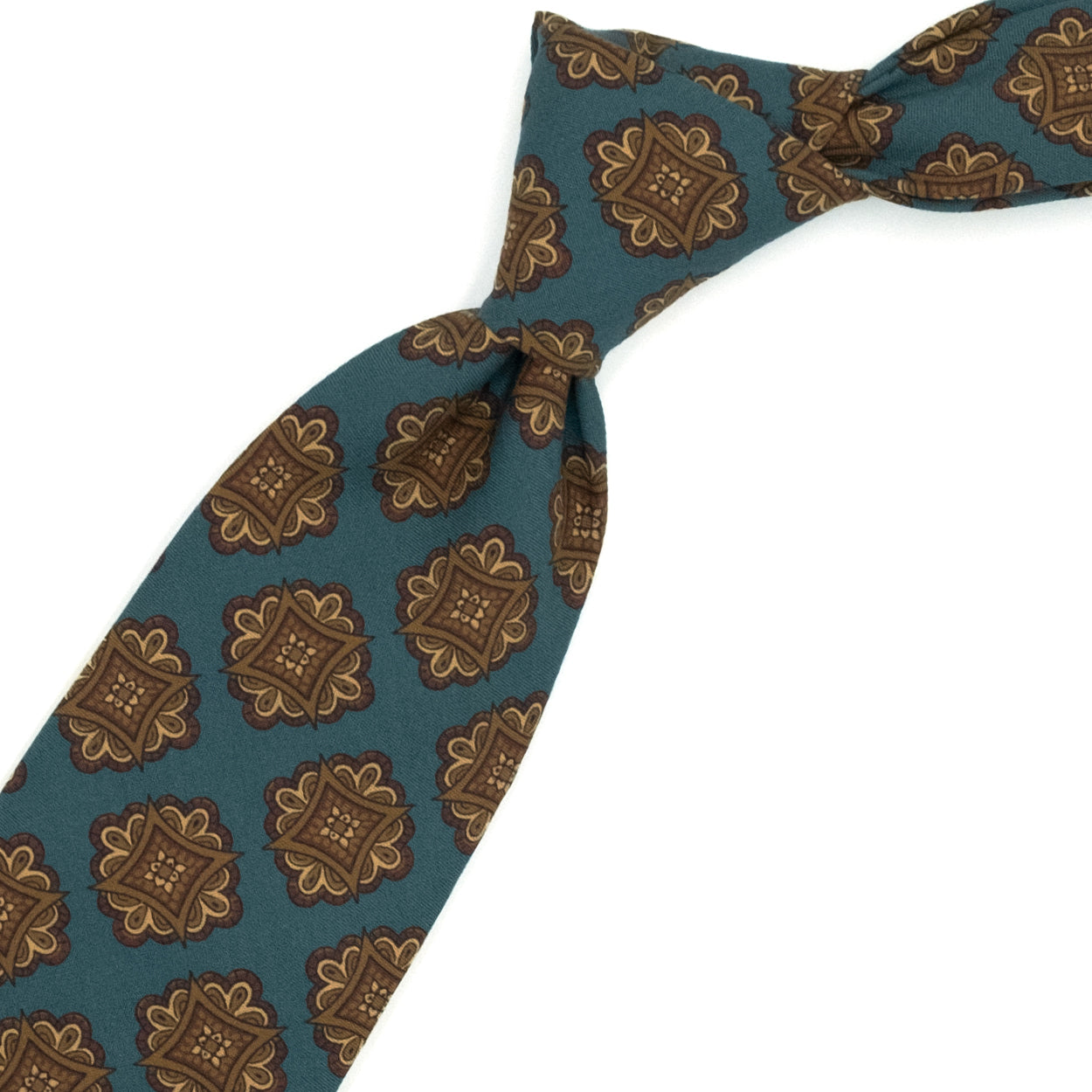 Cravatta verde petrolio con medaglioni marroni, beige e bordeaux