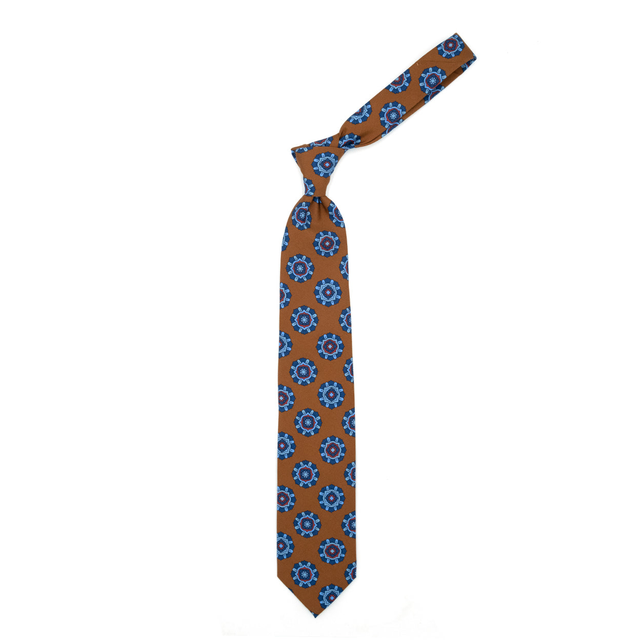 Cravatta marrone chiaro con medaglioni blu, azzurri e rossi