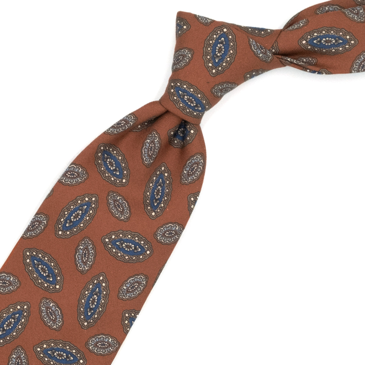 Cravatta arancione con paisley azzurri e blu