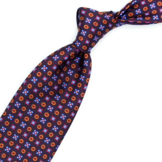 Cravatta vinaccia con fiorellini rossi, azzurri e arancioni