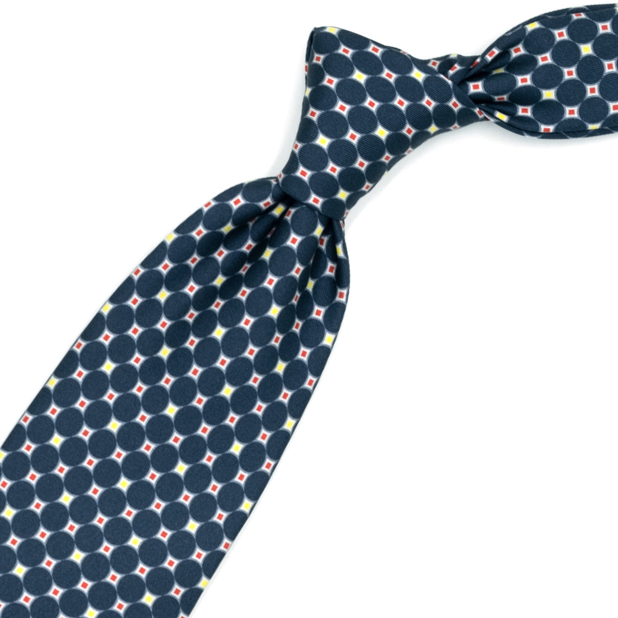 Cravatta blu con pattern geometrico blu, giallo e rosso