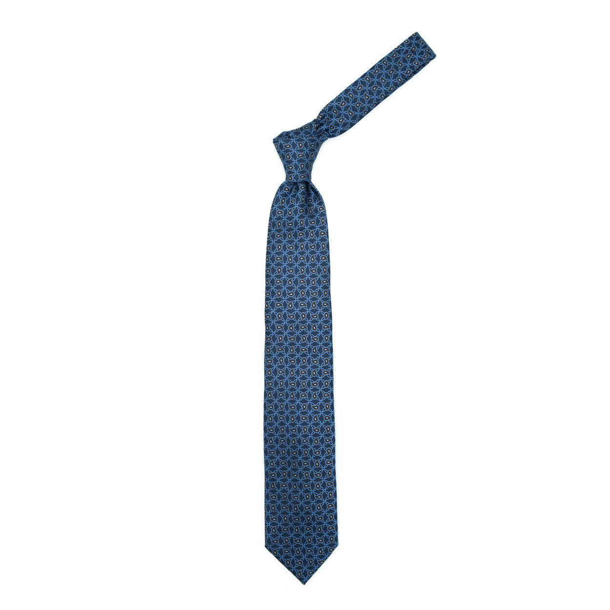 Cravatta blu con cerchi azzurri e paisley marroni
