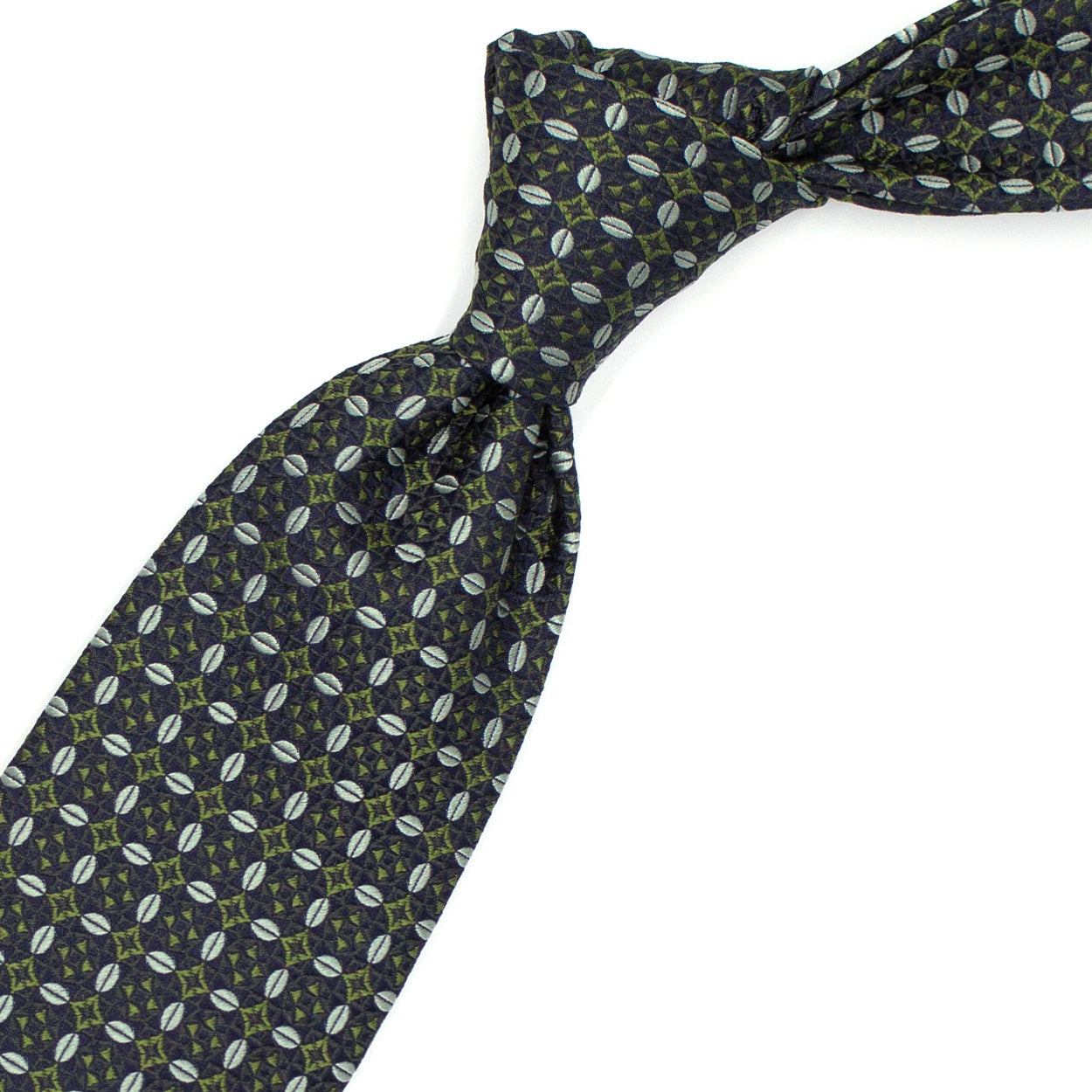 Cravatta blu con pattern astratto grigio e verde