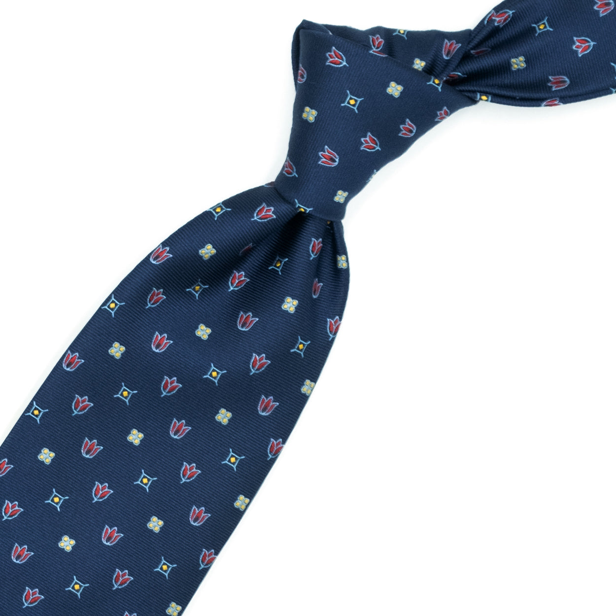 Cravatta blu con fiorellini gialli e rossi