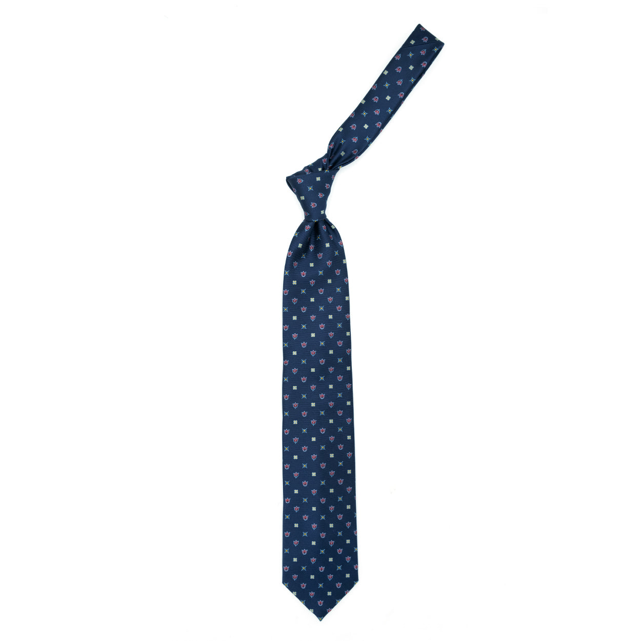 Cravatta blu con fiorellini gialli e rossi