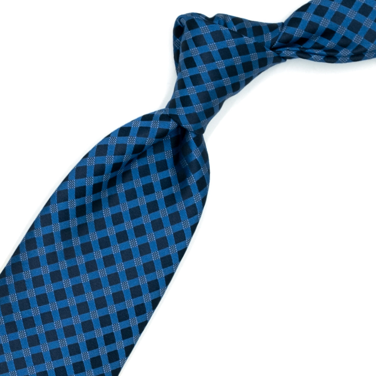 Cravatta blu con pattern geometrico azzurro e bianco